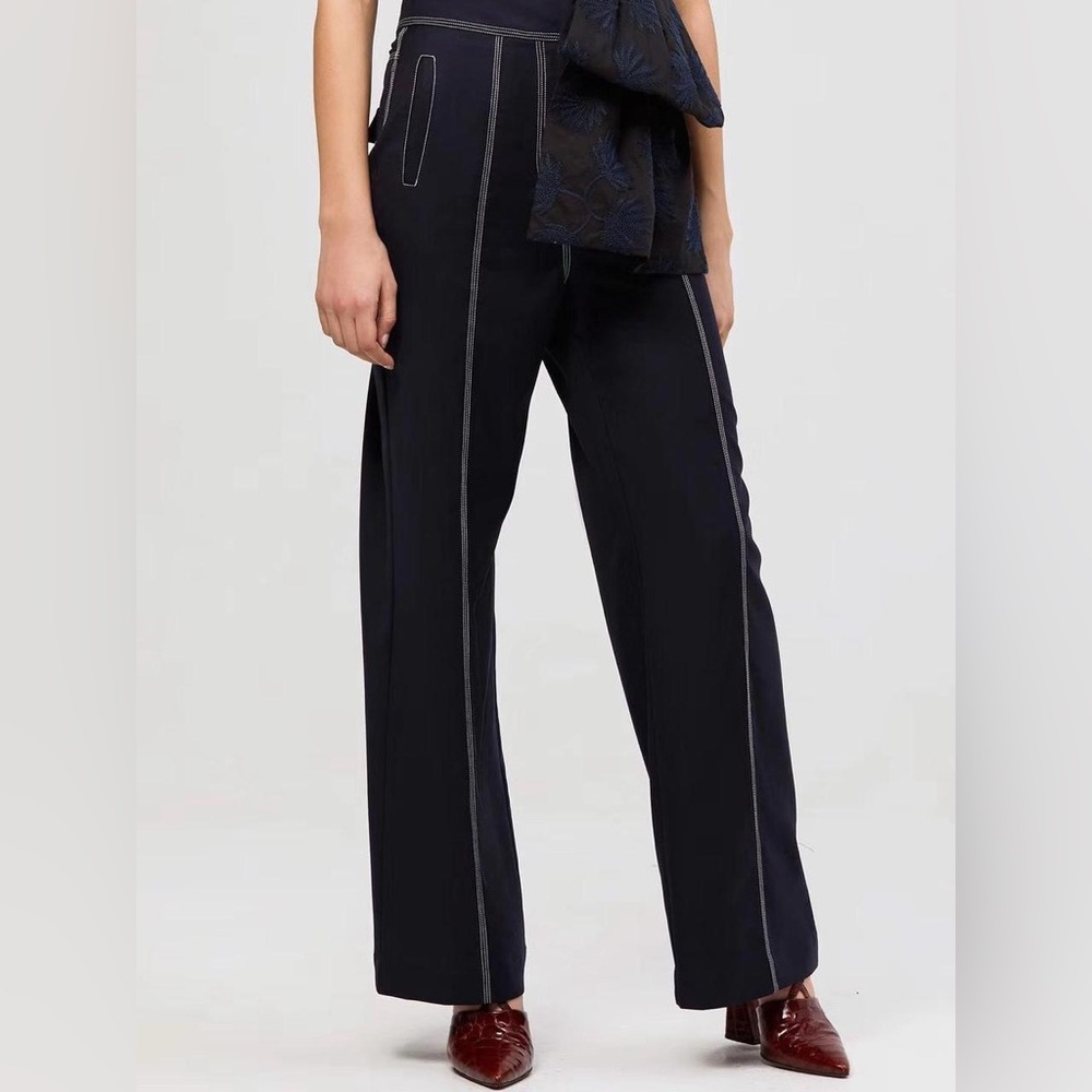 Acler Black Wide Leg Pants with White Stitching - Picture 4 of 8